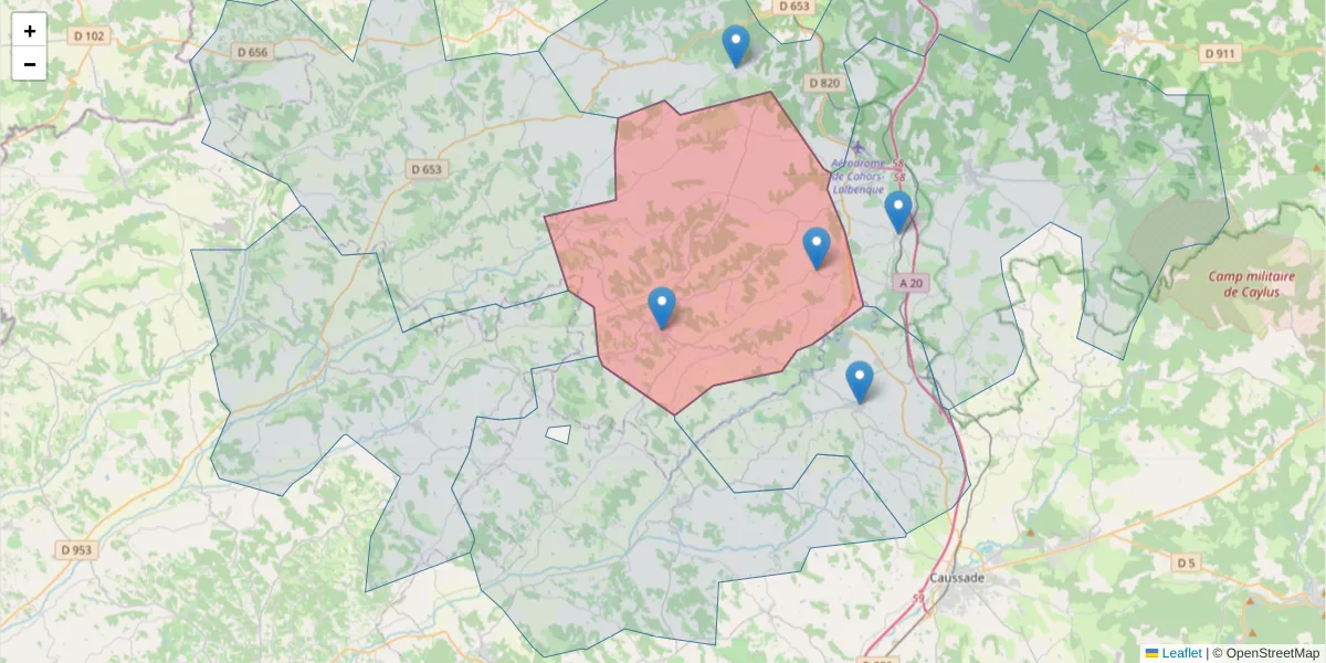 Carte de la zone du code postal  et des codes postaux voisins en France