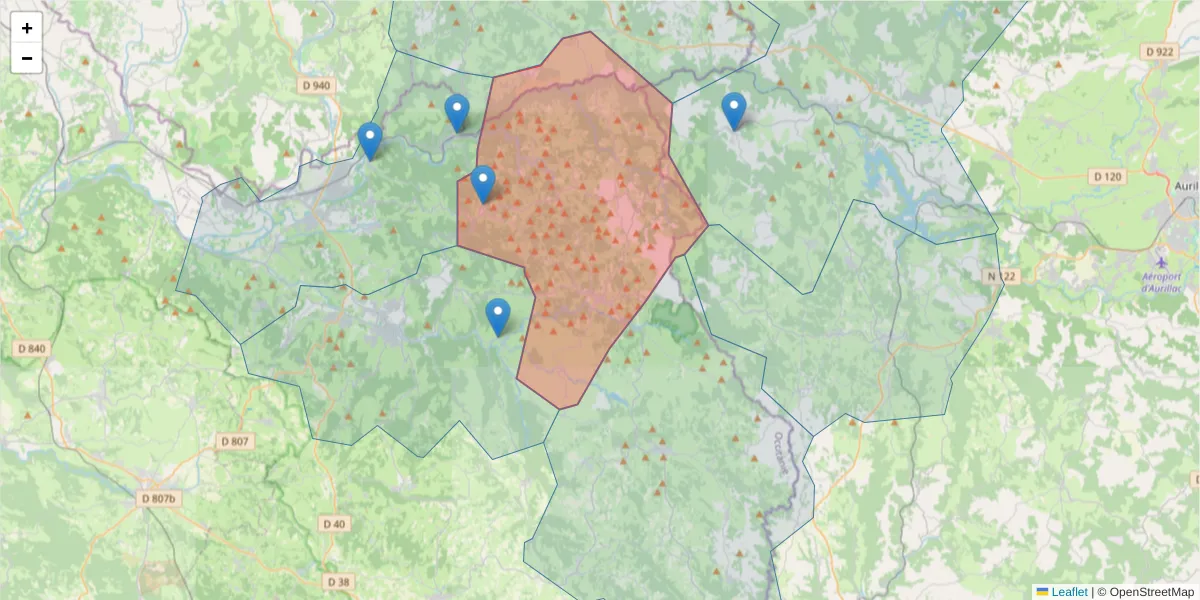 Carte de la zone du code postal  et des codes postaux voisins en France