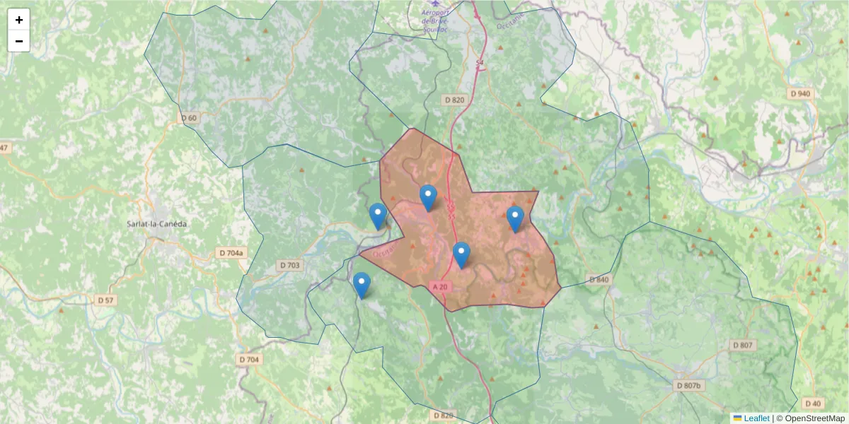 Carte de la zone du code postal  et des codes postaux voisins en France