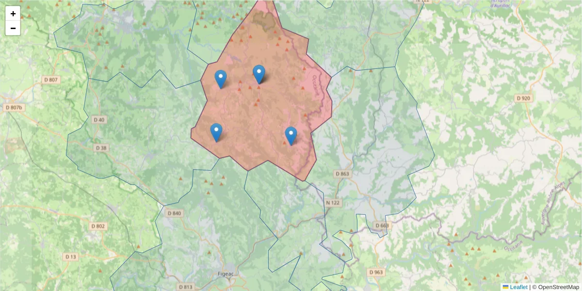 Carte de la zone du code postal  et des codes postaux voisins en France