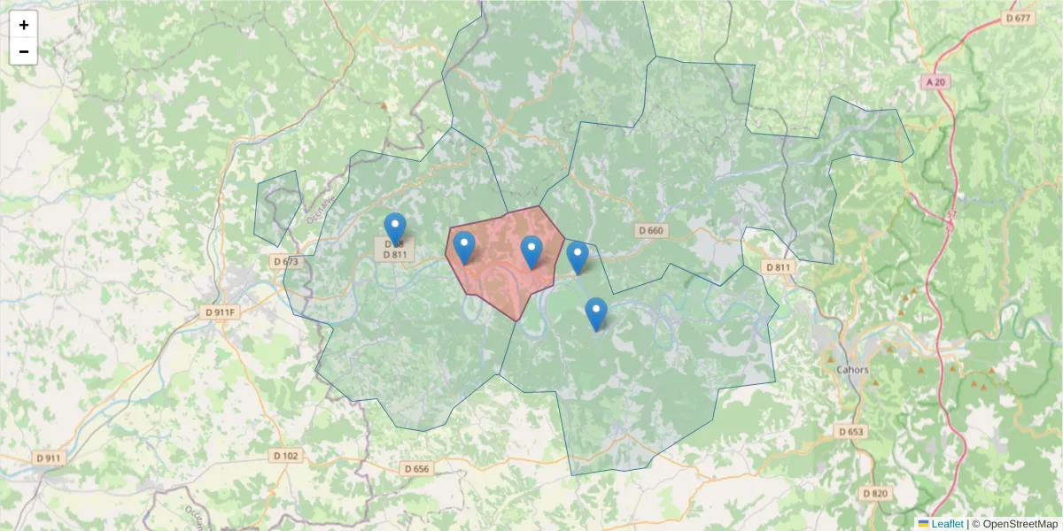 Carte de la zone du code postal  et des codes postaux voisins en France