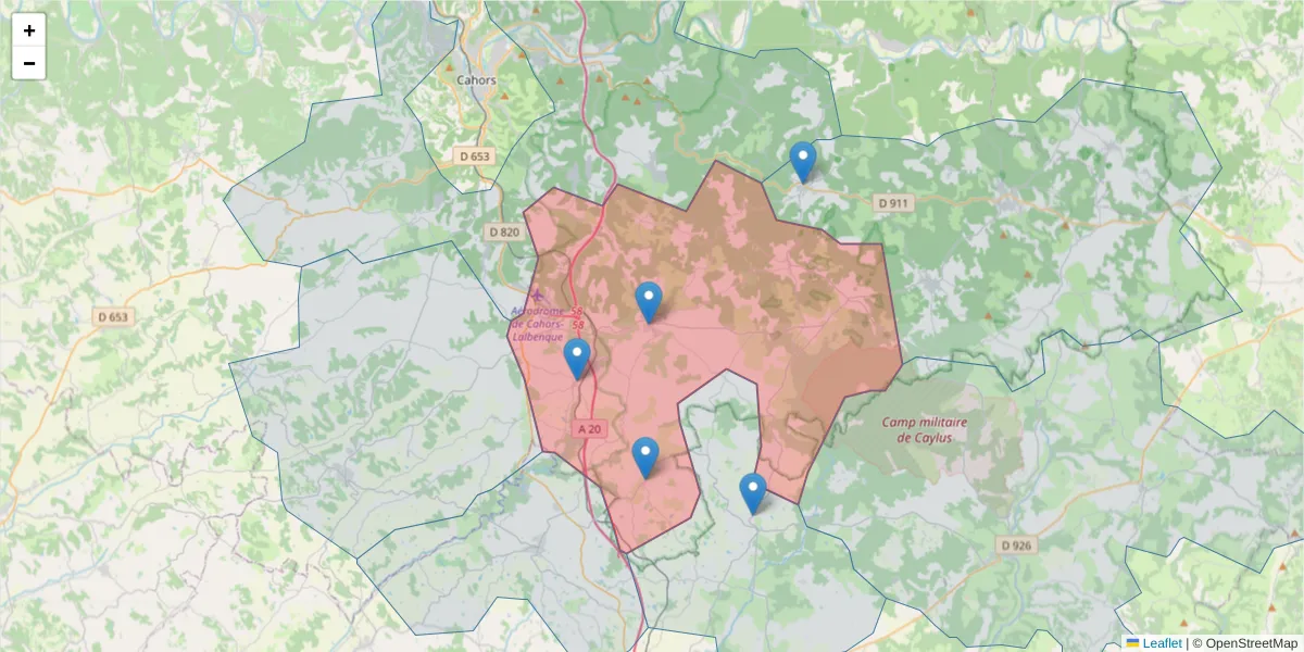 Carte de la zone du code postal  et des codes postaux voisins en France