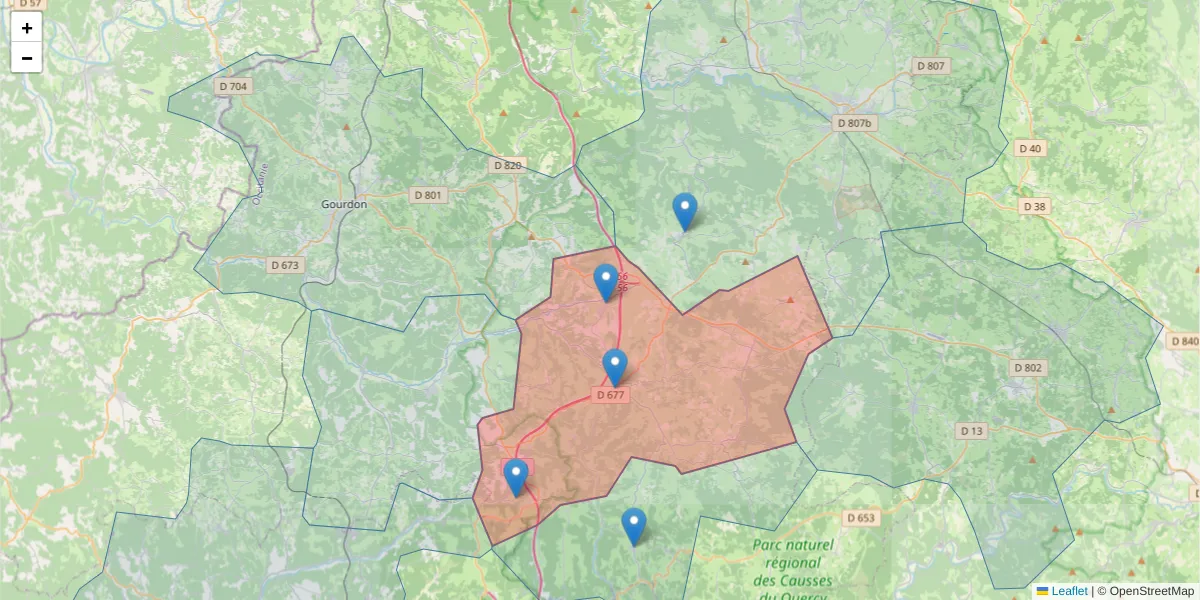 Carte de la zone du code postal  et des codes postaux voisins en France