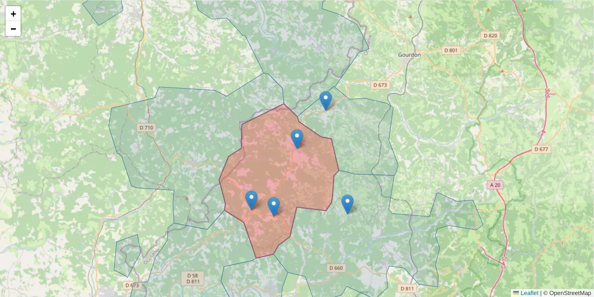 Carte de la zone du code postal  et des codes postaux voisins en France