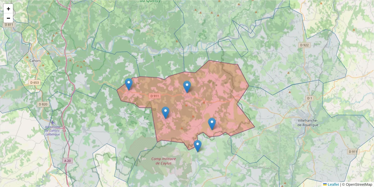 Carte de la zone du code postal  et des codes postaux voisins en France