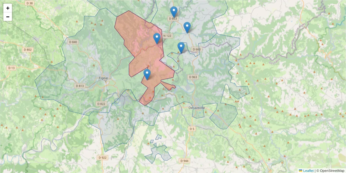 Carte de la zone du code postal  et des codes postaux voisins en France
