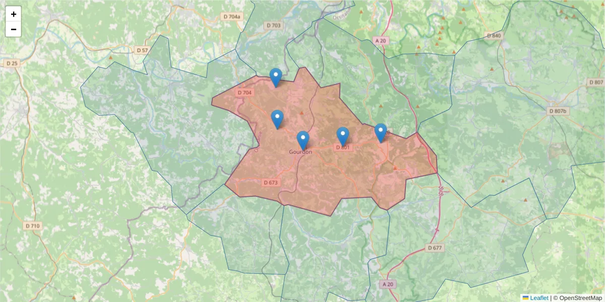 Carte de la zone du code postal  et des codes postaux voisins en France