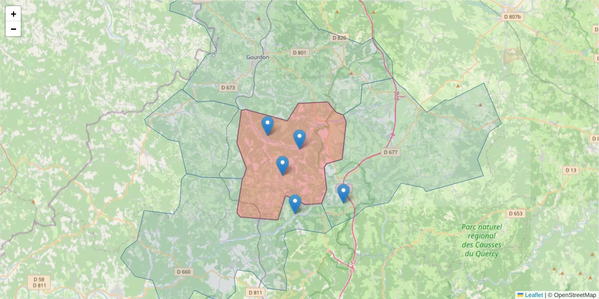 Carte de la zone du code postal  et des codes postaux voisins en France