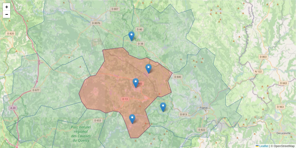 Carte de la zone du code postal  et des codes postaux voisins en France
