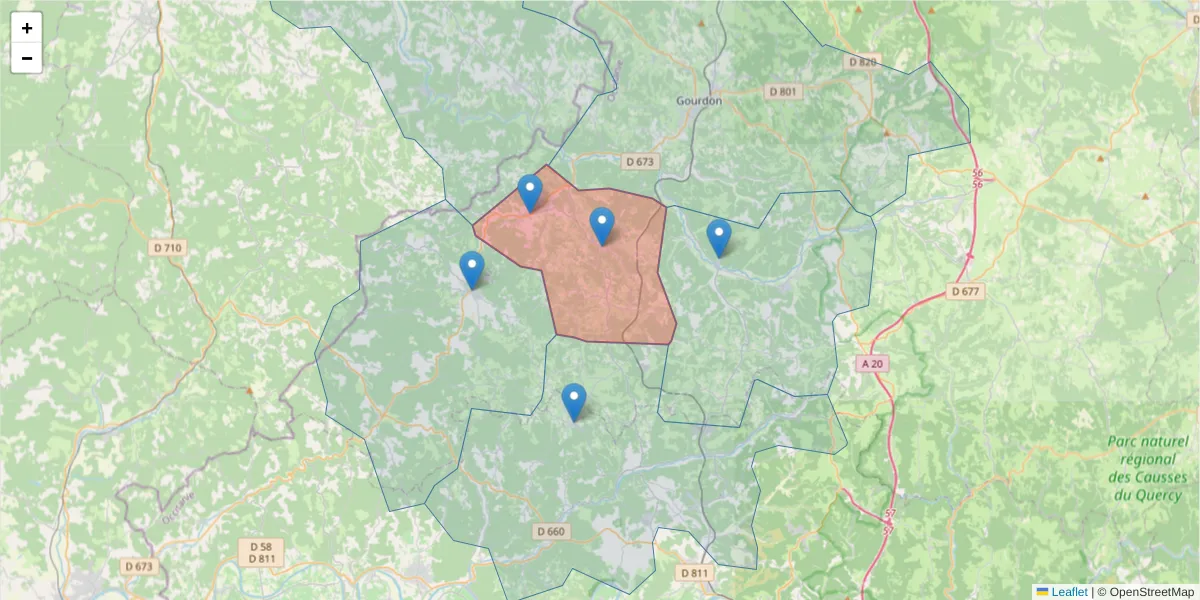 Carte de la zone du code postal  et des codes postaux voisins en France
