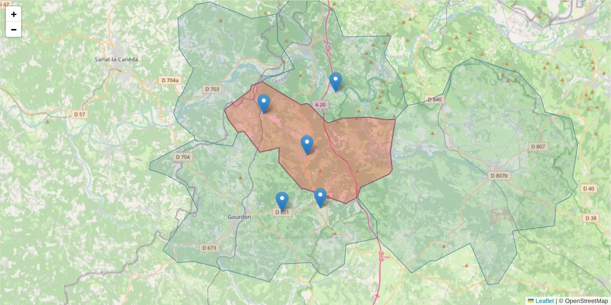Carte de la zone du code postal  et des codes postaux voisins en France