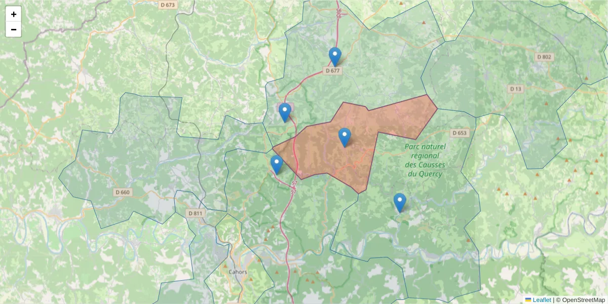 Carte de la zone du code postal  et des codes postaux voisins en France