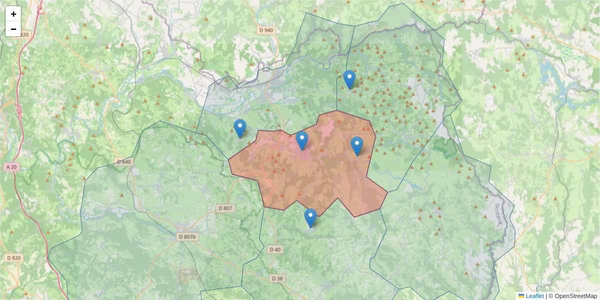 Carte de la zone du code postal  et des codes postaux voisins en France