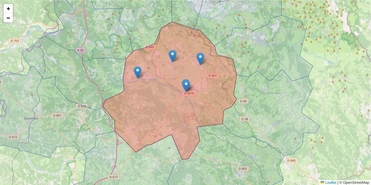 Carte de la zone du code postal  et des codes postaux voisins en France