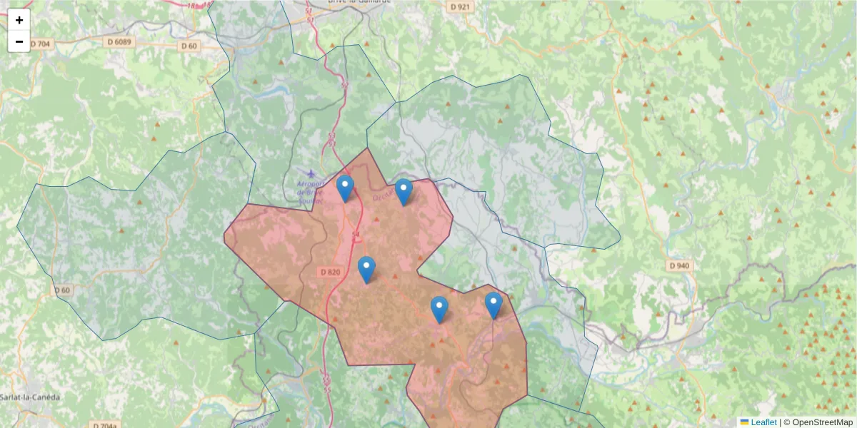 Carte de la zone du code postal  et des codes postaux voisins en France