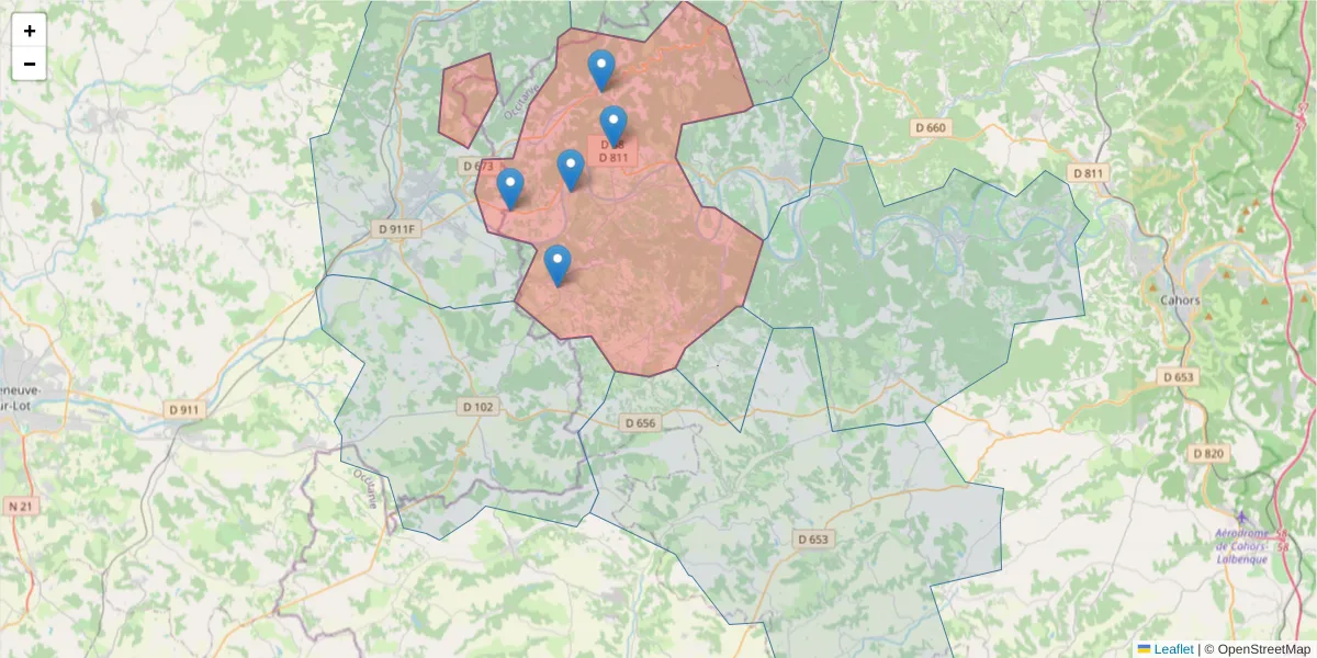 Carte de la zone du code postal  et des codes postaux voisins en France