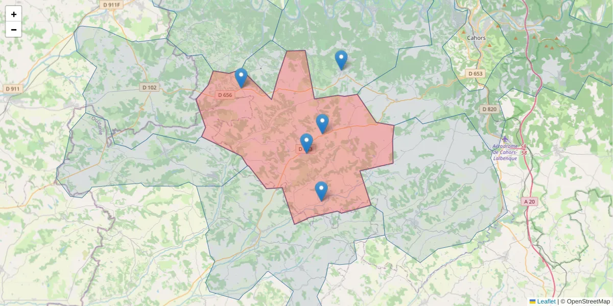 Carte de la zone du code postal  et des codes postaux voisins en France