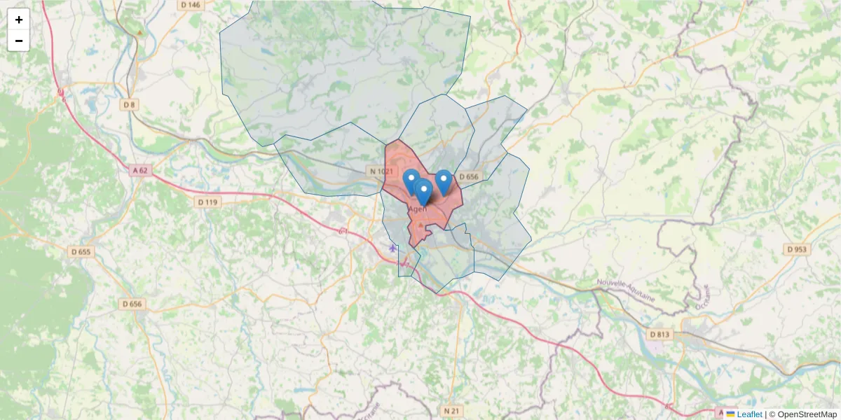 Carte de la zone du code postal  et des codes postaux voisins en France