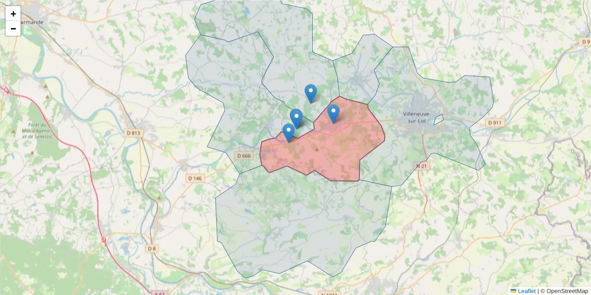 Carte de la zone du code postal  et des codes postaux voisins en France