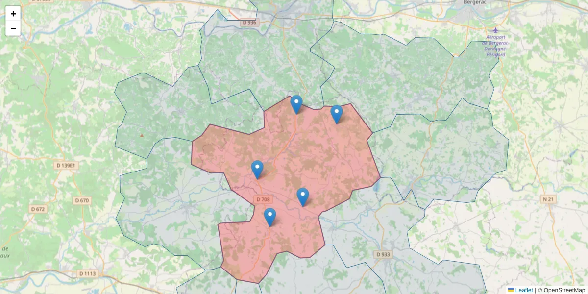 Carte de la zone du code postal  et des codes postaux voisins en France