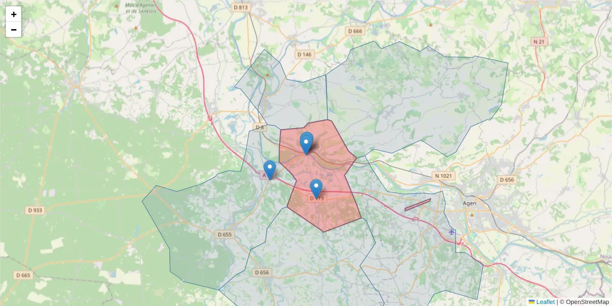 Carte de la zone du code postal  et des codes postaux voisins en France