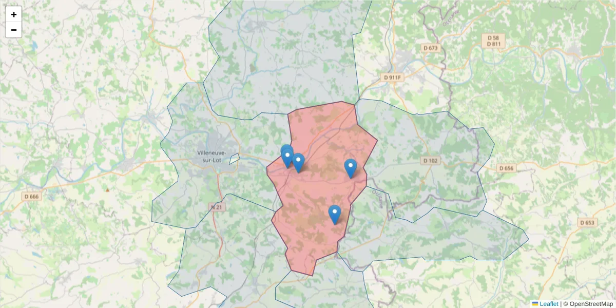 Carte de la zone du code postal  et des codes postaux voisins en France