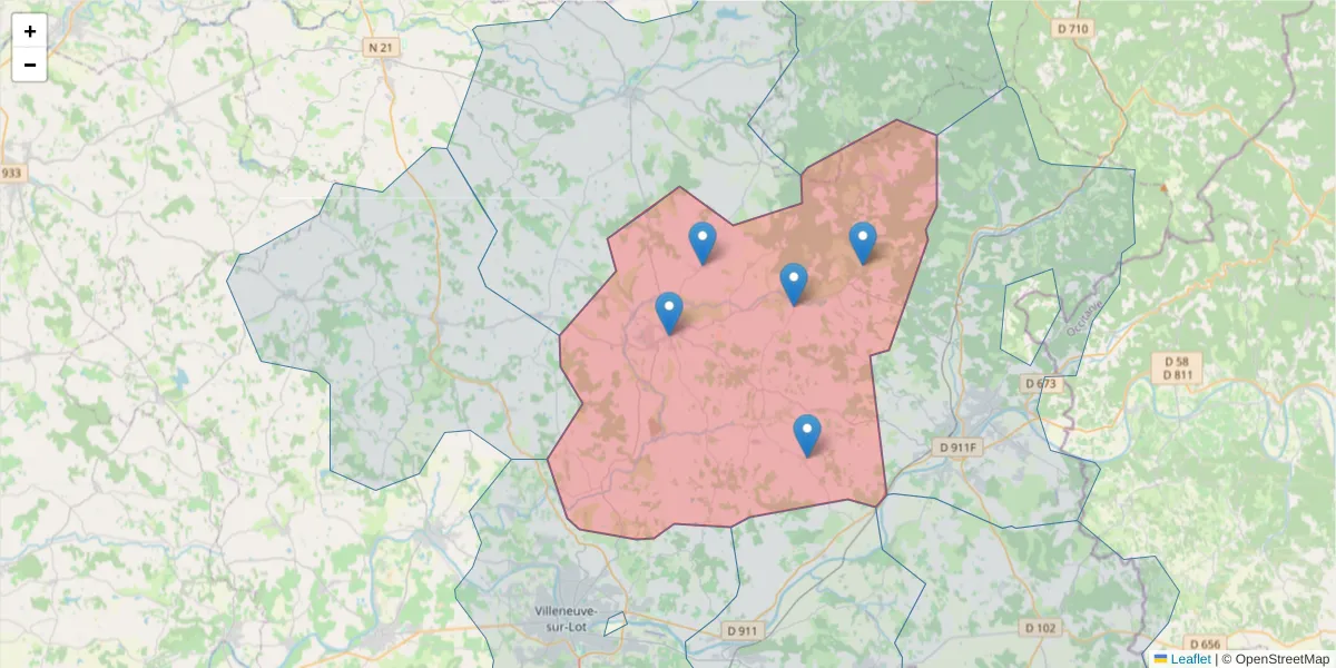 Carte de la zone du code postal  et des codes postaux voisins en France