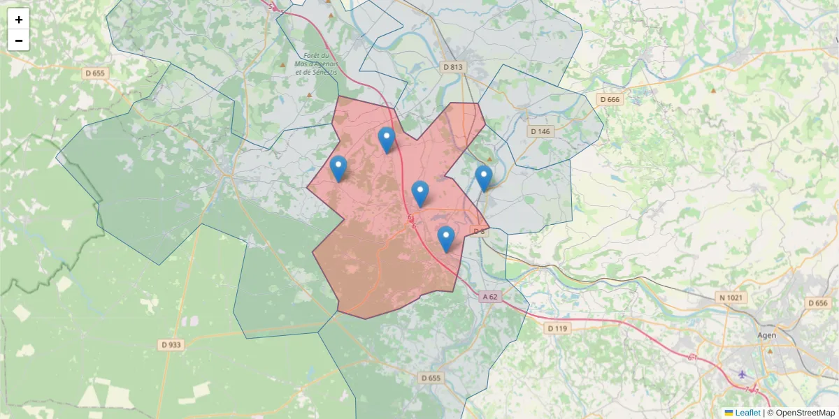 Carte de la zone du code postal  et des codes postaux voisins en France