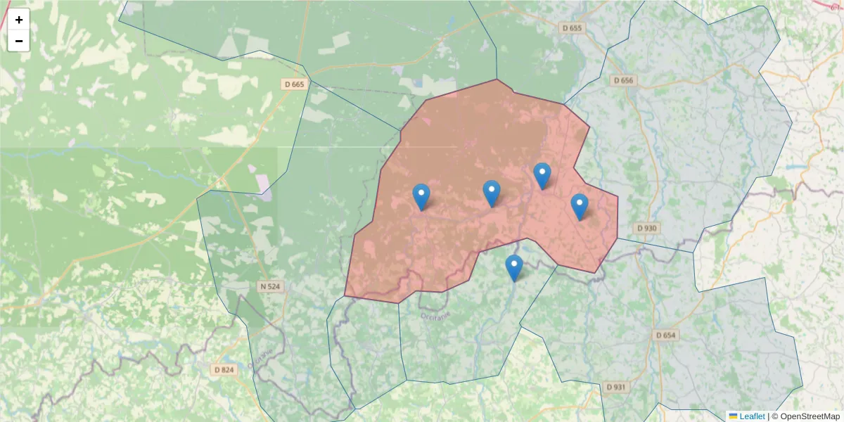 Carte de la zone du code postal  et des codes postaux voisins en France