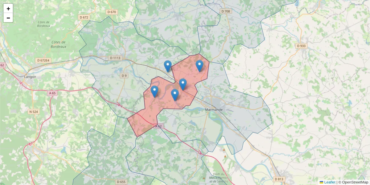 Carte de la zone du code postal  et des codes postaux voisins en France