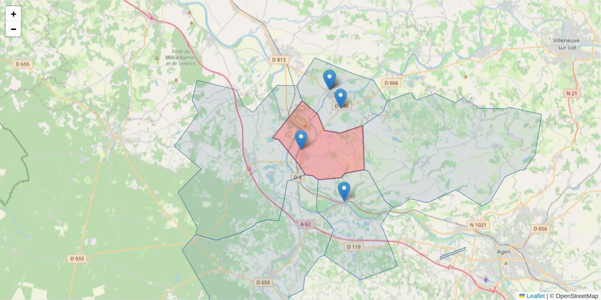 Carte de la zone du code postal  et des codes postaux voisins en France