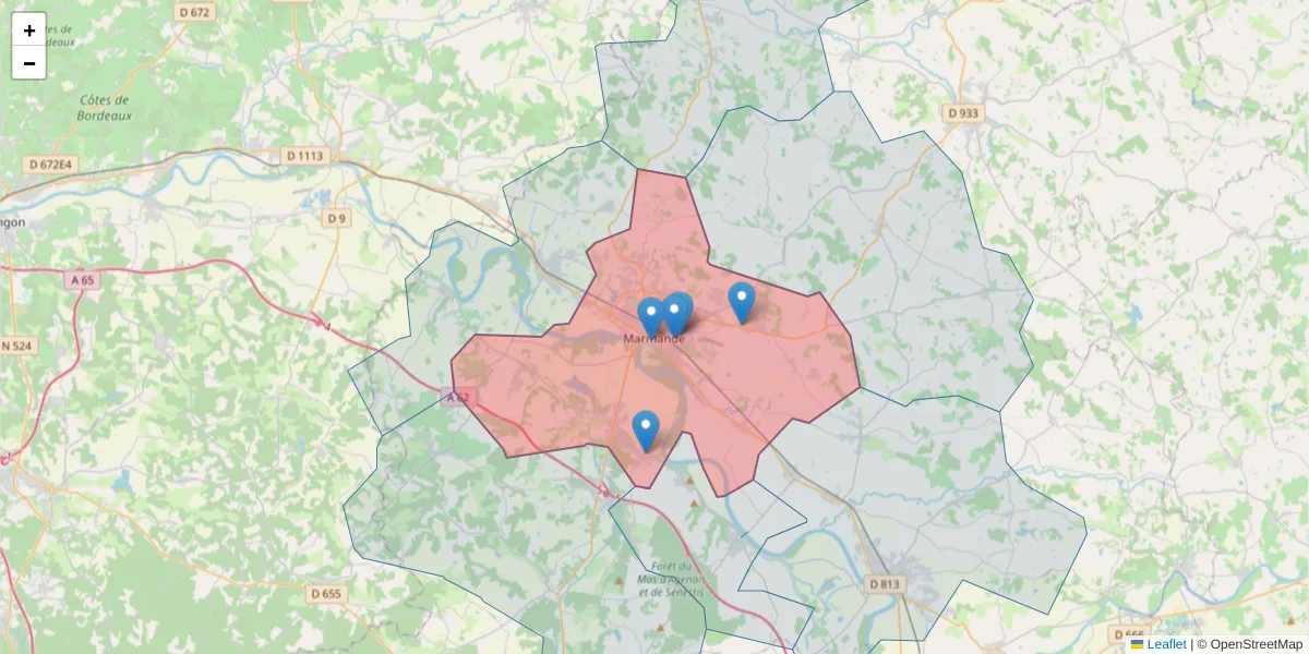 Carte de la zone du code postal  et des codes postaux voisins en France