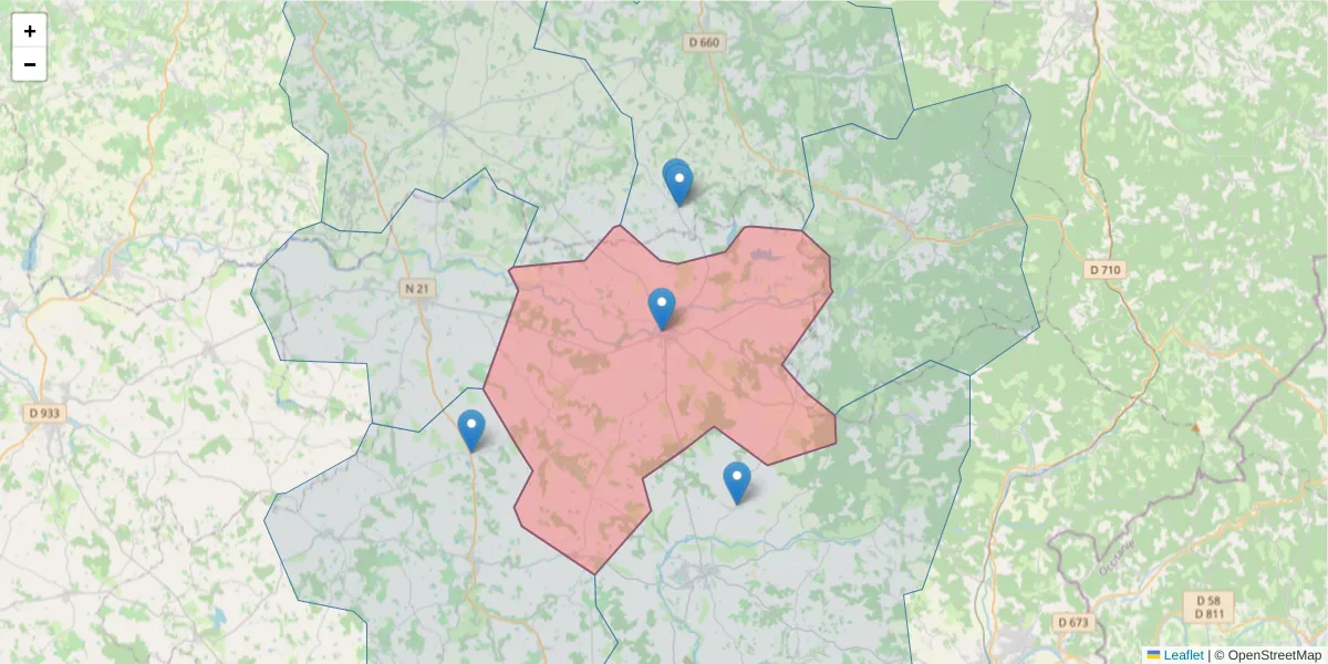 Carte de la zone du code postal  et des codes postaux voisins en France