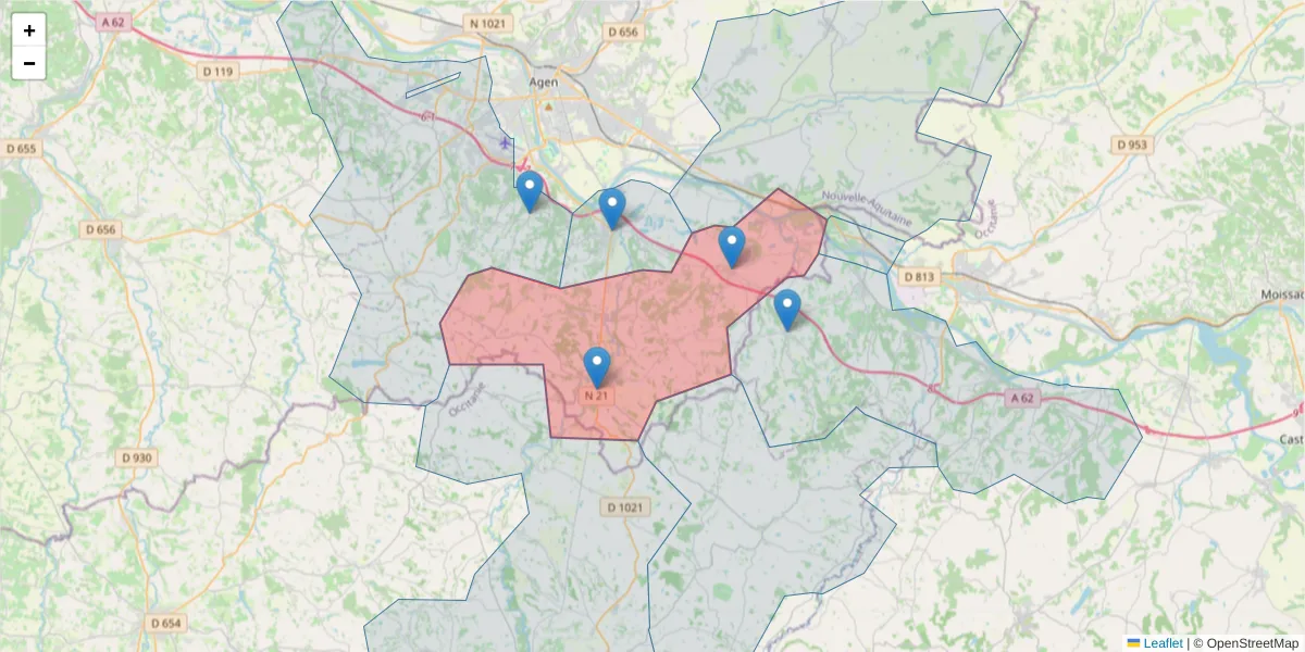Carte de la zone du code postal  et des codes postaux voisins en France