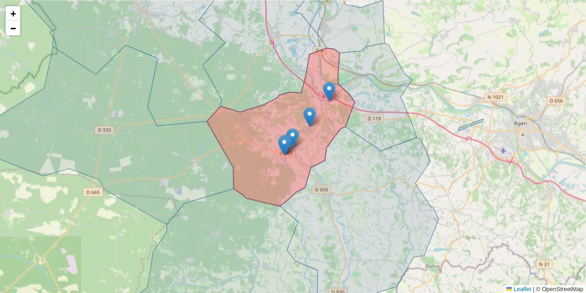 Carte de la zone du code postal  et des codes postaux voisins en France
