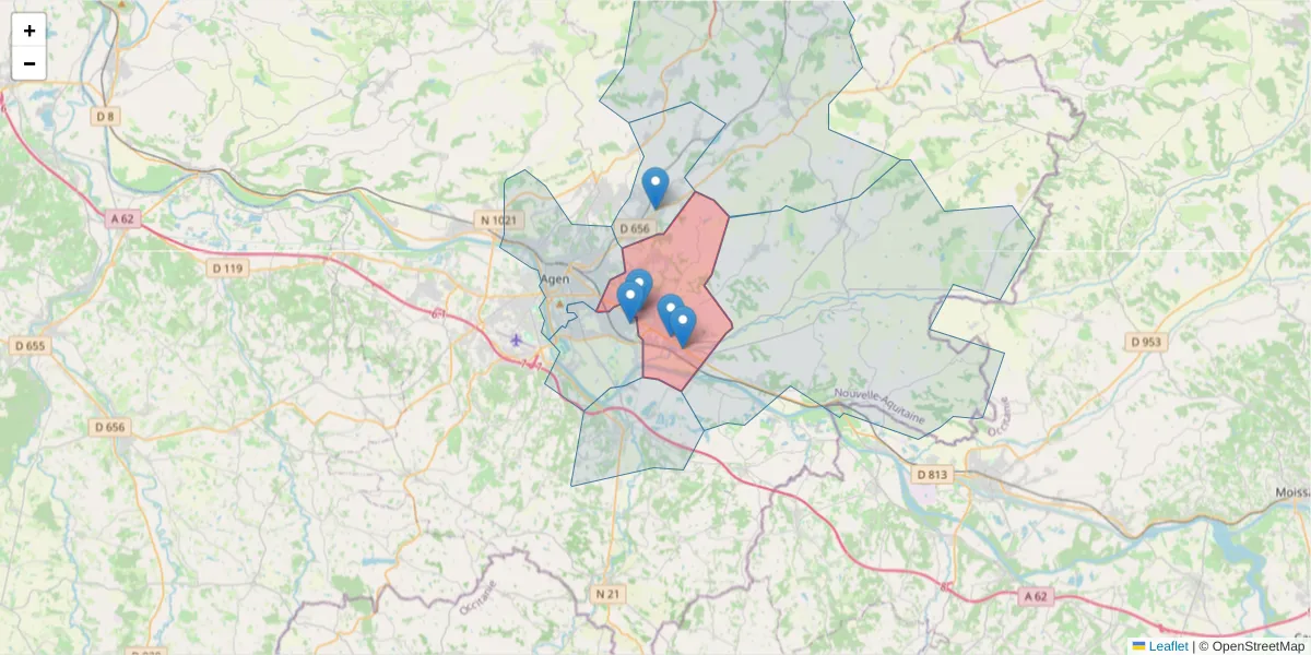 Carte de la zone du code postal  et des codes postaux voisins en France