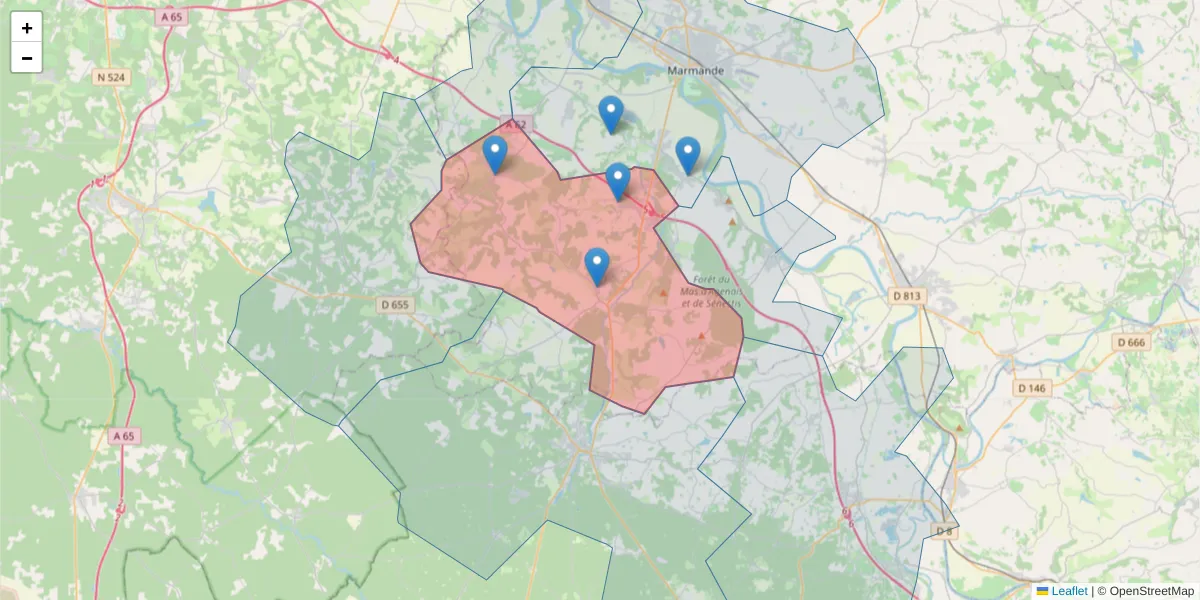 Carte de la zone du code postal  et des codes postaux voisins en France