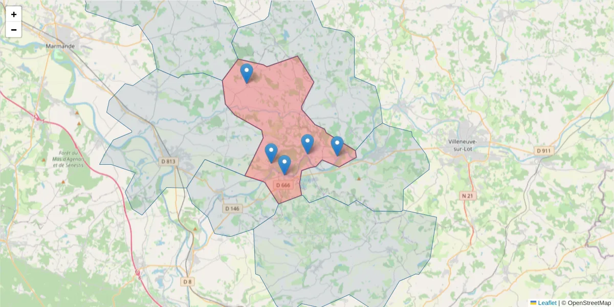 Carte de la zone du code postal  et des codes postaux voisins en France