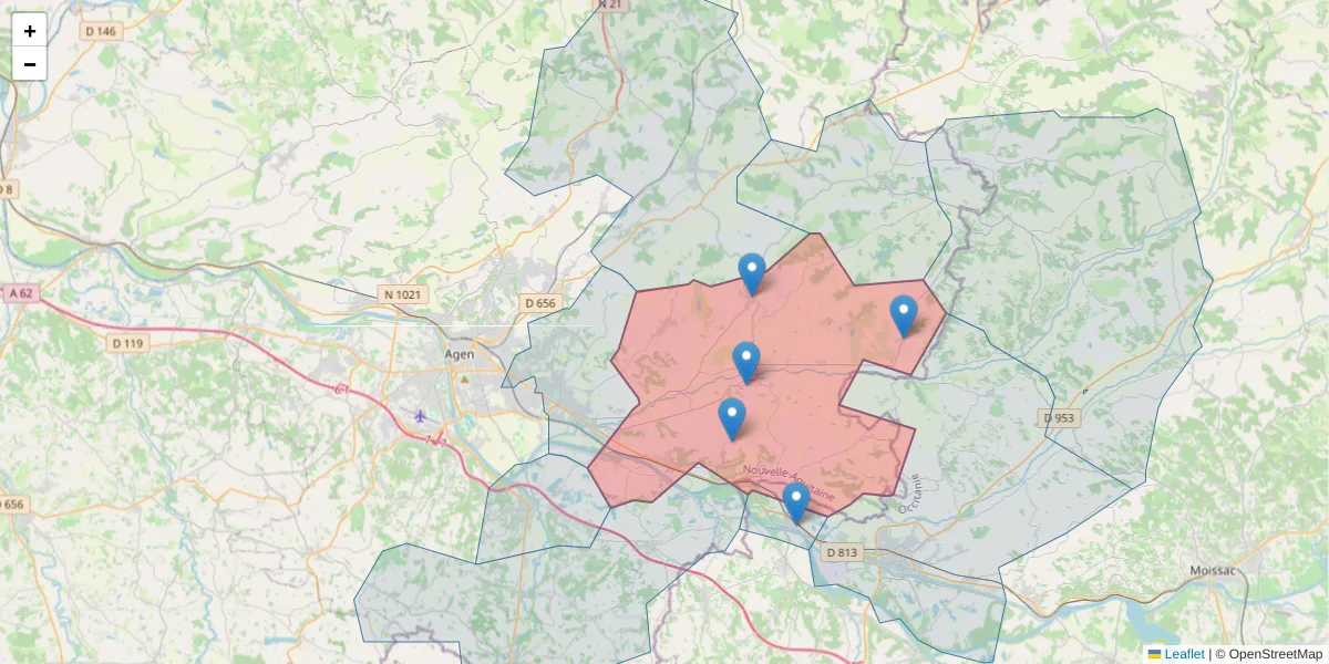 Carte de la zone du code postal  et des codes postaux voisins en France