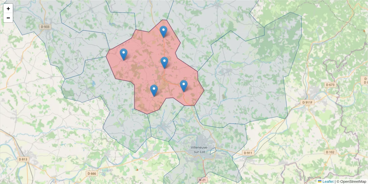 Carte de la zone du code postal  et des codes postaux voisins en France