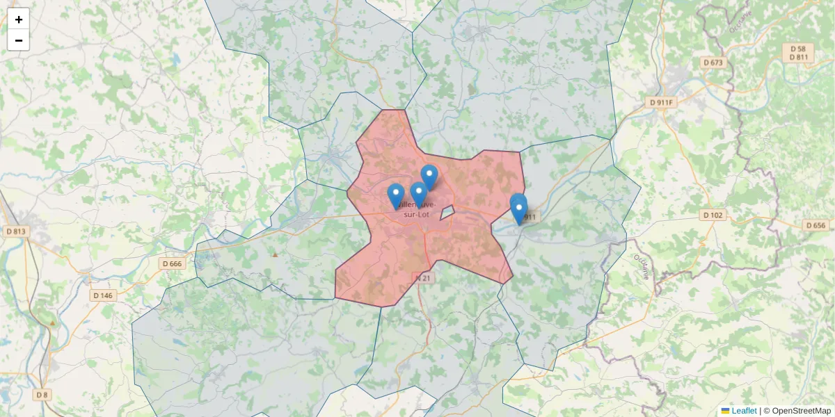 Carte de la zone du code postal  et des codes postaux voisins en France