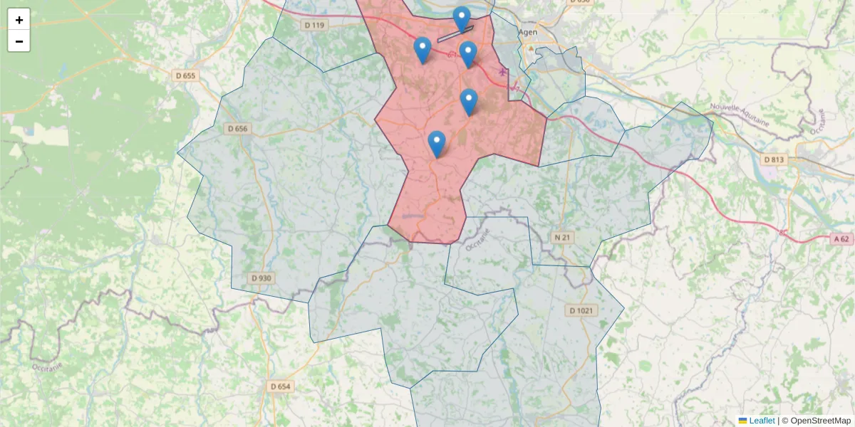 Carte de la zone du code postal  et des codes postaux voisins en France