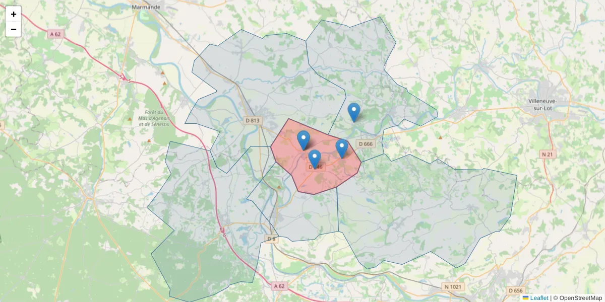 Carte de la zone du code postal  et des codes postaux voisins en France