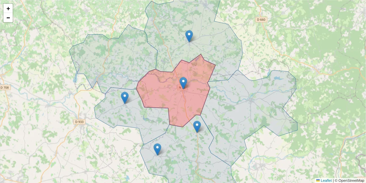 Carte de la zone du code postal  et des codes postaux voisins en France