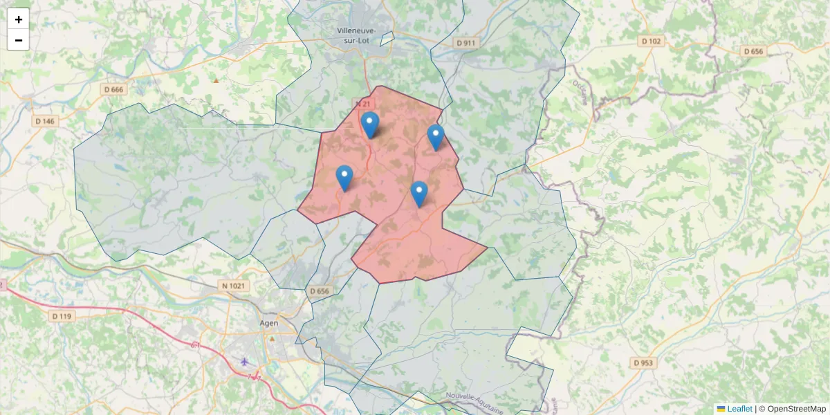 Carte de la zone du code postal  et des codes postaux voisins en France