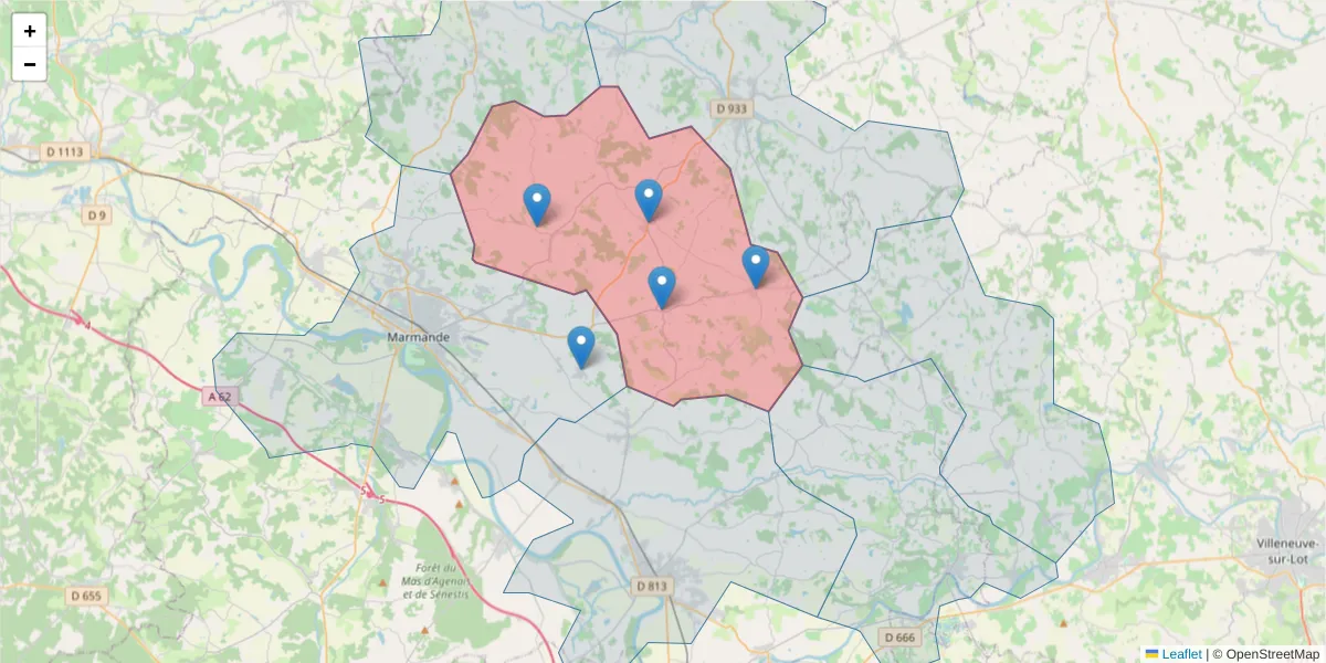Carte de la zone du code postal  et des codes postaux voisins en France