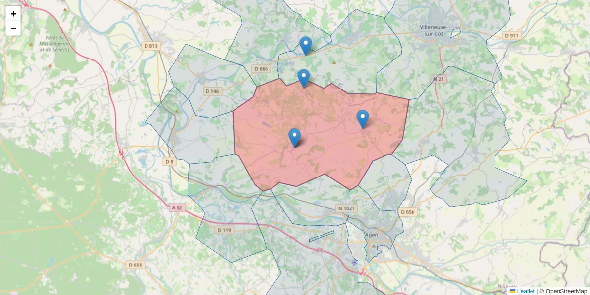 Carte de la zone du code postal  et des codes postaux voisins en France
