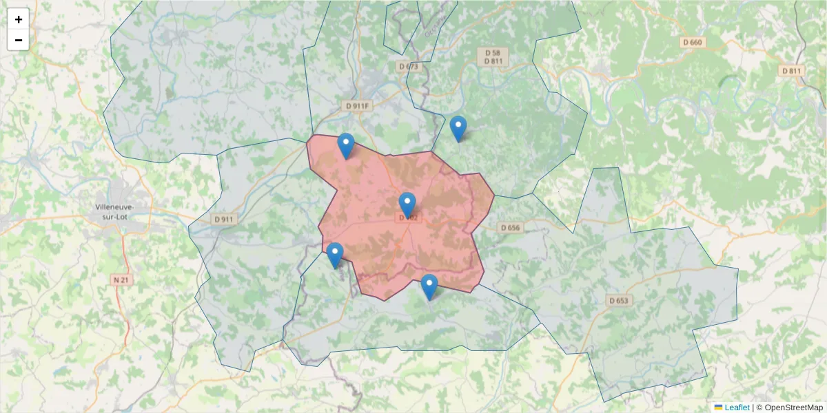 Carte de la zone du code postal  et des codes postaux voisins en France