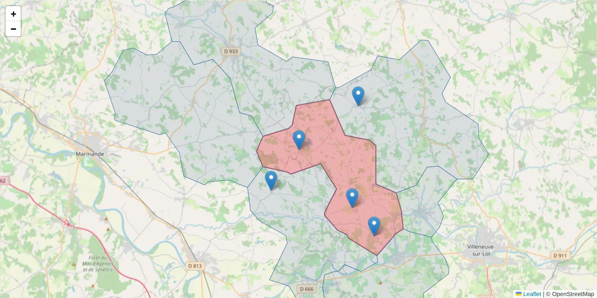 Carte de la zone du code postal  et des codes postaux voisins en France