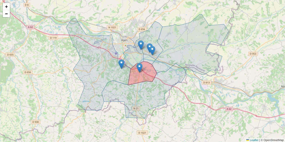 Carte de la zone du code postal  et des codes postaux voisins en France